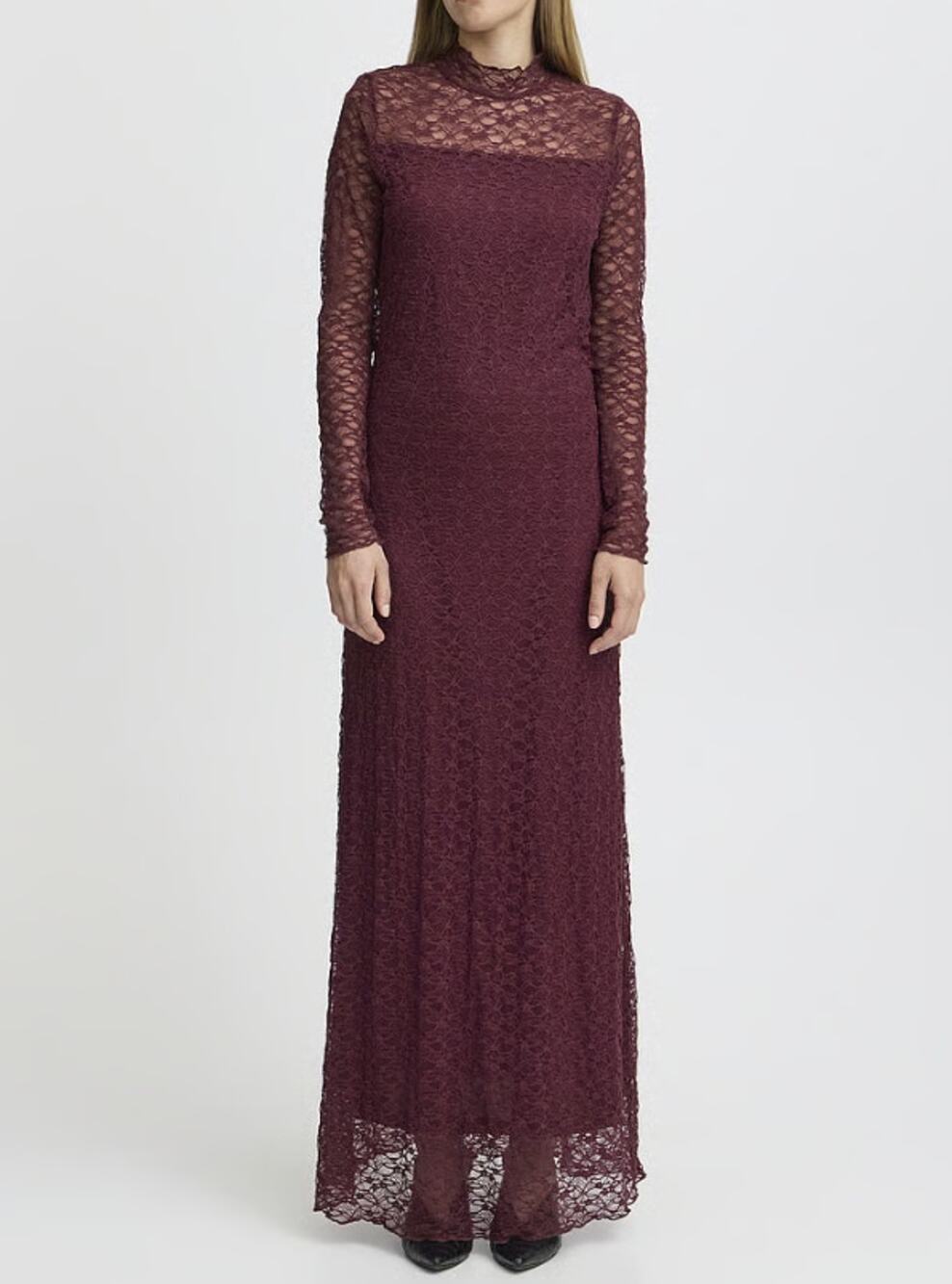 Ichi IHPERLA Burgundy Lace Maxi Dress Mock Neck Lettuce Hem Long Sleeve Size L